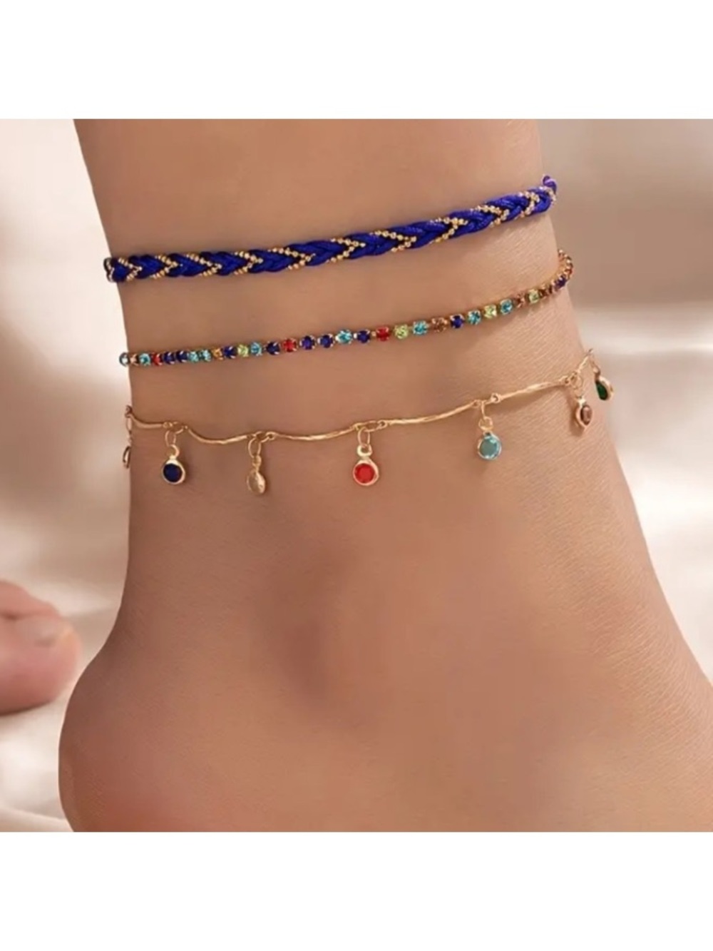 Multi Colored Crystal Royal Blue Gold Toned Anklet Set
